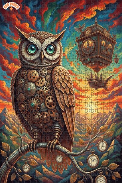 Teona Ahşap Steam Clockwork Owl Art Double Layer Framed Wooden Puzzle 500 Pie...