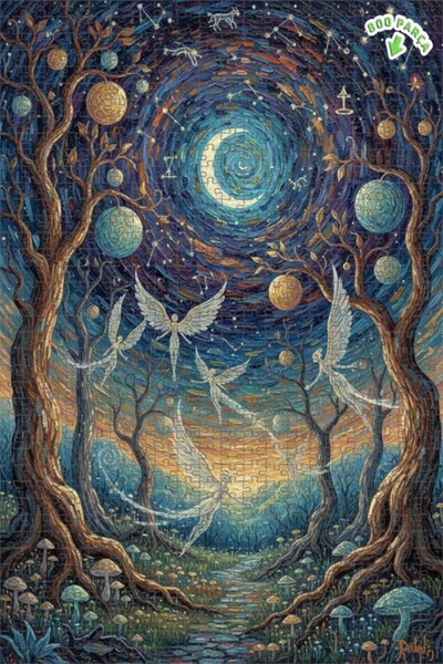 Teona Ahşap لغز خشبي مؤطر بطبقتين بتصميم غابة الخيال وعرض ضوء القمر، لوحة زيت...