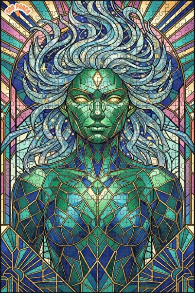 Teona Ahşap لغز خشبي بتصميم زجاجي فني مع شكل امرأة خضراء 500 قطعة 50×30