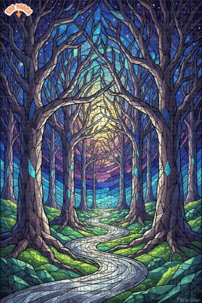 Teona Ahşap لغز خشبي على شكل طريق الغابة السحرية مع زجاج ملون 500 قطعة 50×30