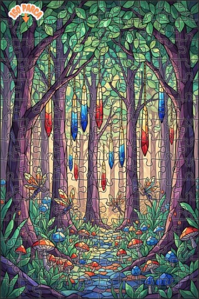 Teona Ahşap لغز خشبي بتصميم غابة سحرية بألوان ريشة كريستالية بمظهر الزجاج الم...