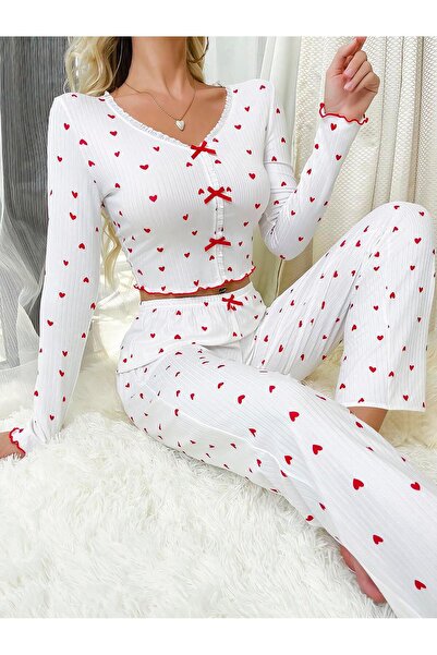 civetta طقم بيجامة قطنية بيضاء مع شريط أحمر بنقشة قلب