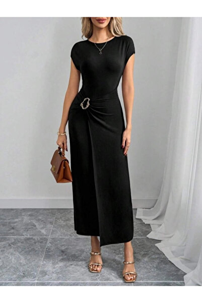 nedo7 Women's Half Moon Sleeve Round Neck Front Buckle Detail Modal Maxi Dress