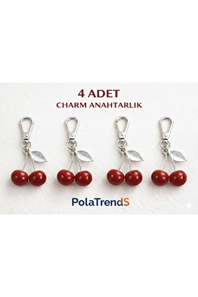 POLATREND 4 قطع من سلسلة مفاتيح نسائية على شكل حقيبة كرز لامعة باللون الفضي