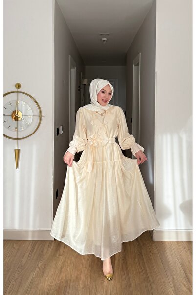 merve ada design Cupra Kumaş Astarlı Volan Yaka Detaylı Tesettür Elbise