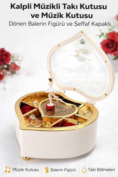 TeknoEser Kalpli Müzikli Takı Kutusu – Dönen Balerin Figürlü, Şeffaf Kapaklı,...