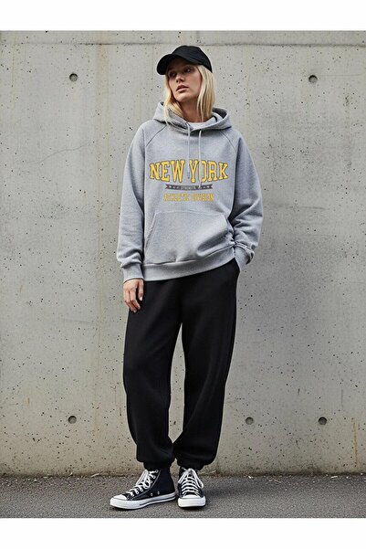 Ltb Long Sleeve Slogan Printed Hooded Gray Sweatshirt