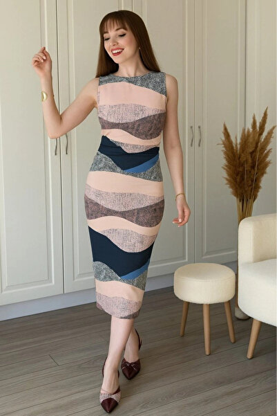 nedo7 فستان نسائي من Midi Janjan Diver بأكمام صفرية وياقة دائرية وتفاصيل ثنى