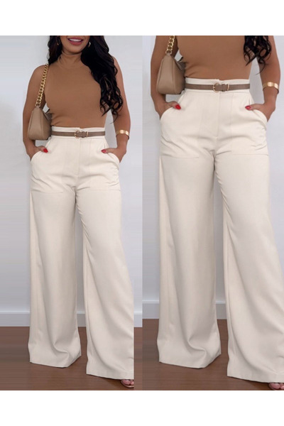 Kanonik Education Women's High Waist Wide Leg Detailed Imported Crepe Trouser...