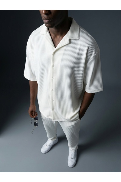 KHAYN Men's Ribbed Relaxed Fit Cotton Short Sleeve Shirt Tracksuit Set K8007Ft