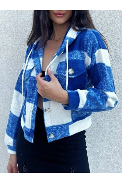 nedo7 Hooded Plaid Fleece Crop Jacket -Blue