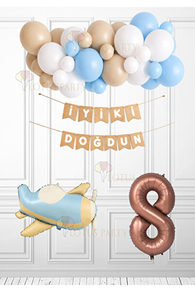 LOTUS PARTY Κρεμ ρετρό σετ μπαλονιών αεροπλάνου, Κραφτ Λευκό, Καλά Ευχές, Μπλ...