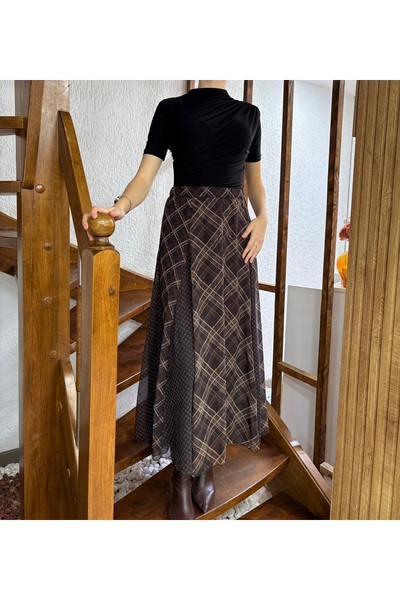 NANTİREA Parça detaylı ekose etek şifon