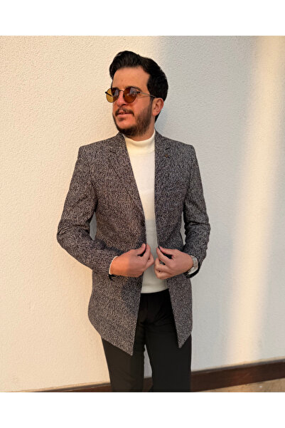 Avni Ceylan Navy Blue Brown Plaid Textured Wool Men's Coat