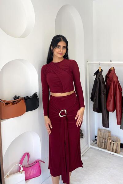 Mistix طقم تنورة بإبزيم ذهبي رملي - أحمر داكن BORDO