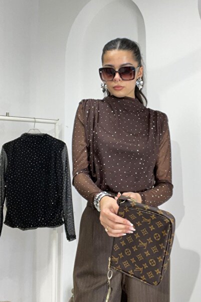 Mistix Boğazlı Omuz Drape Taşlı Bluz - Kahve KAHVE