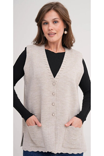 Elçelya Moda Жіночий великий розмір трикотажний прямий жилет на ґудзиках