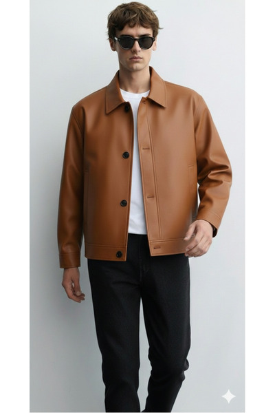 ATKGİYİM سترة رجالية من الجلد الصناعي - موسمي سترة مبطنة بقصة مريحة وياقة قميص