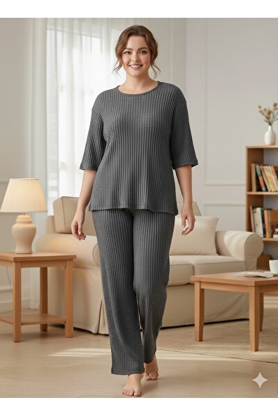 FAMES PİJAMA Kadın Büyük Beden Fitilli Düz Pijama Takımı