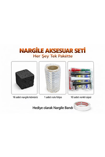 puffstore Nargile Aksesuar Seti – 16 Adet Kömür + Folyo + 10 Renkli Sipsi | H...