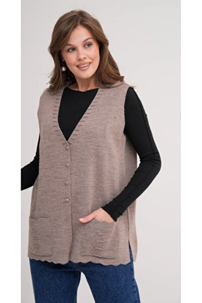Elçelya Moda Жіночий великий розмір трикотажний прямий жилет на ґудзиках