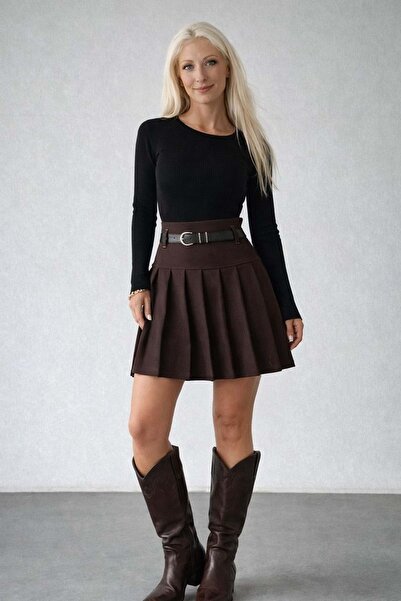 ibeeka Belted pleated mini skirt brown premium fit - brown - s