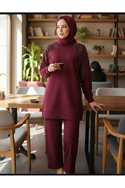 SHİROSA Stone Detailed Combed Cotton Double-Breasted Hijab Suit