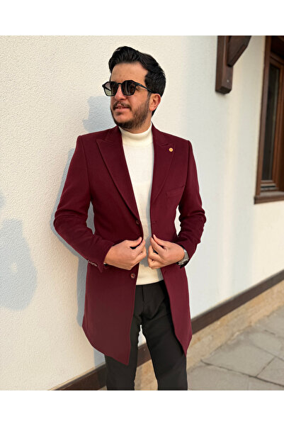 Avni Ceylan Burgundy Cotton Textured Modern Cut Coat