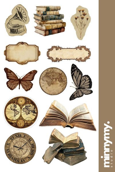 Minnymy 4-Piece Vintage Collection Sticker, Decal, Agenda, Diary, Planner, Bullet Journal, Scrapbook