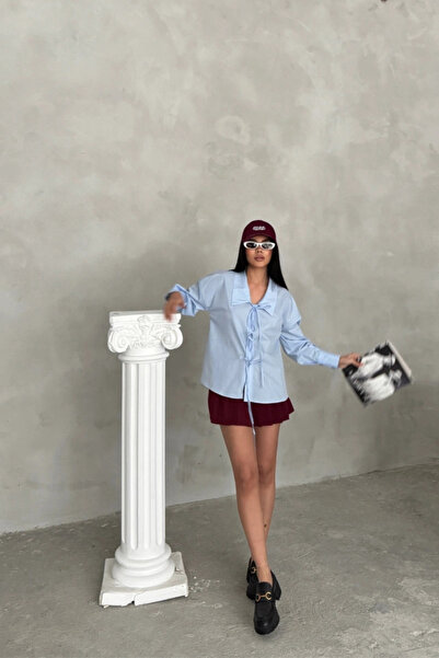 nedo7 قميص بوبلين بياقة المدرسة مع تفصيل ربط الحبل - أزرق الطفل