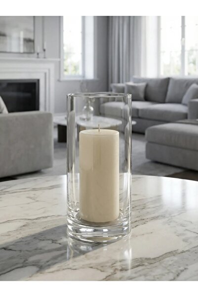 Paşa Cam 10 Çap x 20 cm Şeffaf Silindir Cam Vazo İçerisinde Krem Mum Seti – S...