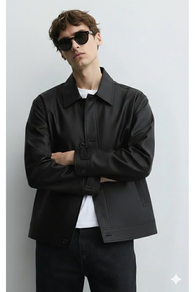 ATKGİYİM Men's Faux Leather Jacket - Transitional Lined Relaxed Fit Shirt Collar Shacket Coat Jacket