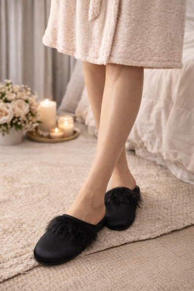 ROZELT Kadın Siyah Tüylü Yumuşak Tabanlı Ev Terliği & Panduf & Hediyelik & Çe...