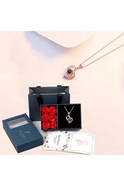 OEM Set Cutie albastra cu 6 trandafiri din sapun si lant cu pandantiv in form...