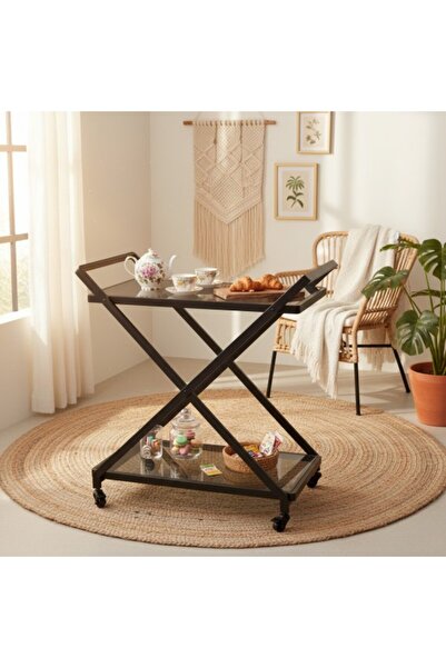 Generic صينية تقديم سوداء بعجلات، بتصميم معدني وزجاجي