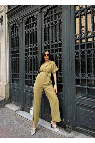 nedo7 Linen jumpsuit with waist tie detail - green