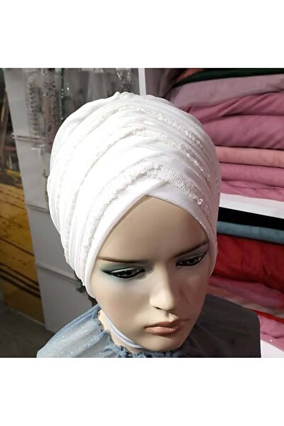 semahazırduvak beyaz simli payet detaylı bone model hazır türban hazır şal ab...