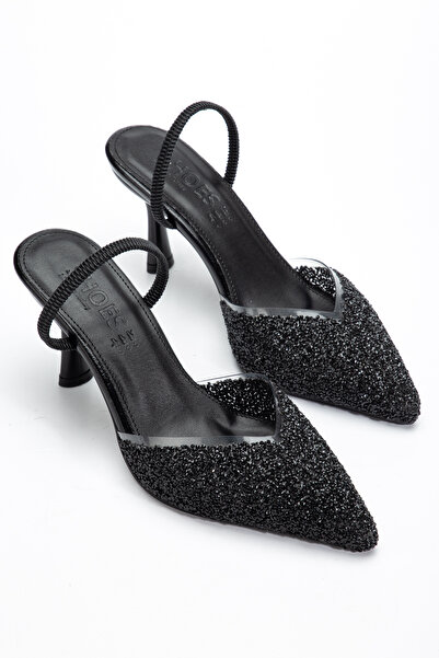 LEMUES SHOES Kadın Siyah Cam Kırıntıları Detay Arkası Açık Topuklu Ayakkabı