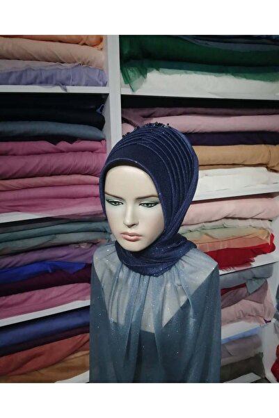 semahazırduvak lacivert simli aksesuarlı model hazır türban hazır şal abiye ş...