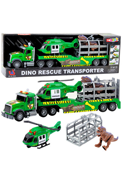 LEAN Set camion Dino Rescue cu elicopter, cusca si dinozaur, sunete, verde