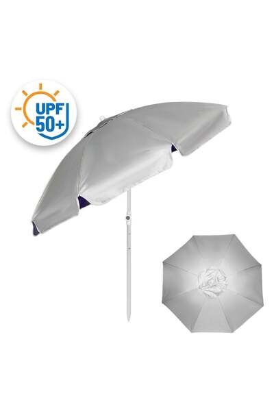 OEM Umbrela de Plaja Anti Vant Argintie Bleu UPF 50+ cu Cadru Metalic - Ø2m