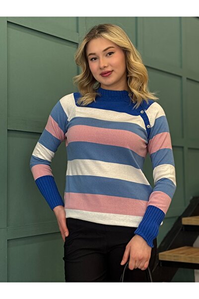 STAMINA Kadın, Düğme Detaylı, Renk Bloklu, Yarım Balıkçı Yaka Kazak