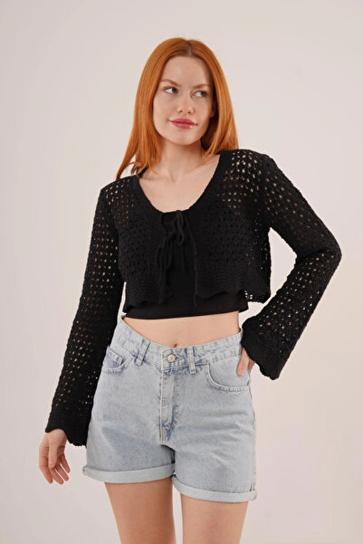 nedo7 Front Tie Openwork Crop Black Cardigan