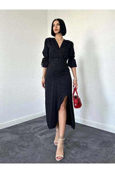 nedo7 Black Slit Jacquard Dress