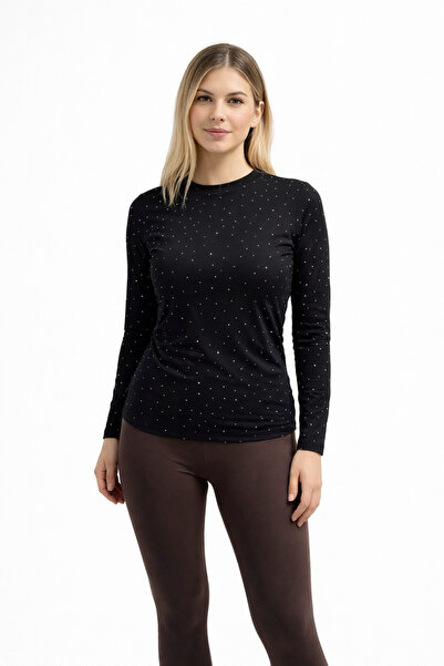Riva Kadın Siyah Taş Detaylı Uzun Kollu Bisiklet Yaka Bluz