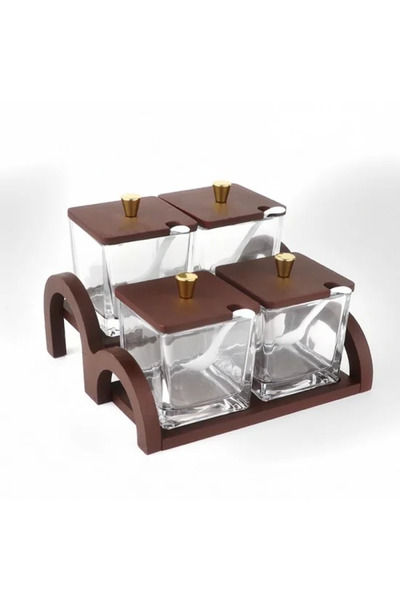 Generic علب سكر خشبية وزجاجية مربعة، مقسمة بغطاء من 4 أقسام