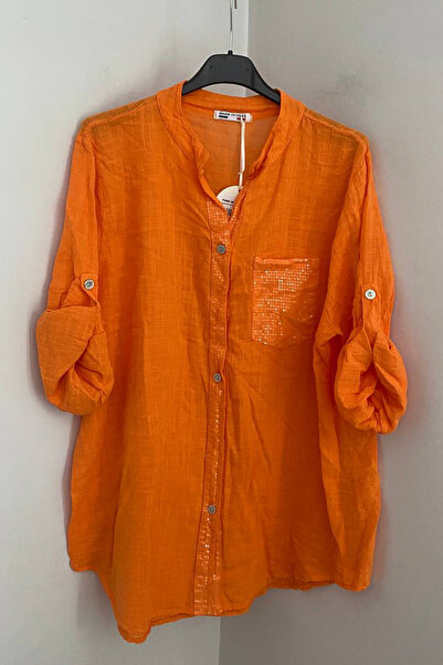 AYASOFYA OTANTIK Women's Italian Orange Placket Collar Sequin Detailed Pocket...