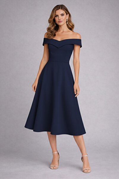 Şayse Design Kadın Kayık Yaka Midi Elbise/Sırtı Bağcıklı Belden Oturtmalı Şık...