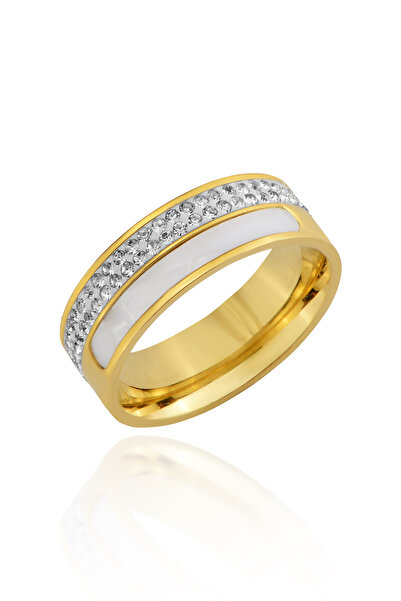 Cosmia Shine Kadın Gold Renk Paslanmaz Çelik Yüzük - Taşlı ve Beyaz Mine Deta...