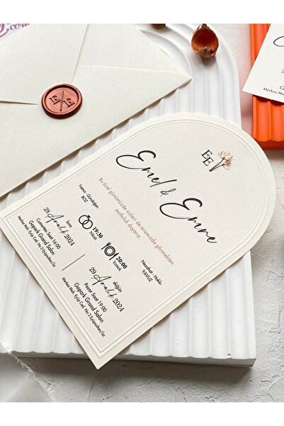 DavetiyeniAl Kubbe Tasarımlı, Mühürlü, Krem Renkli Davetiye, 13x18cm Boyutund...